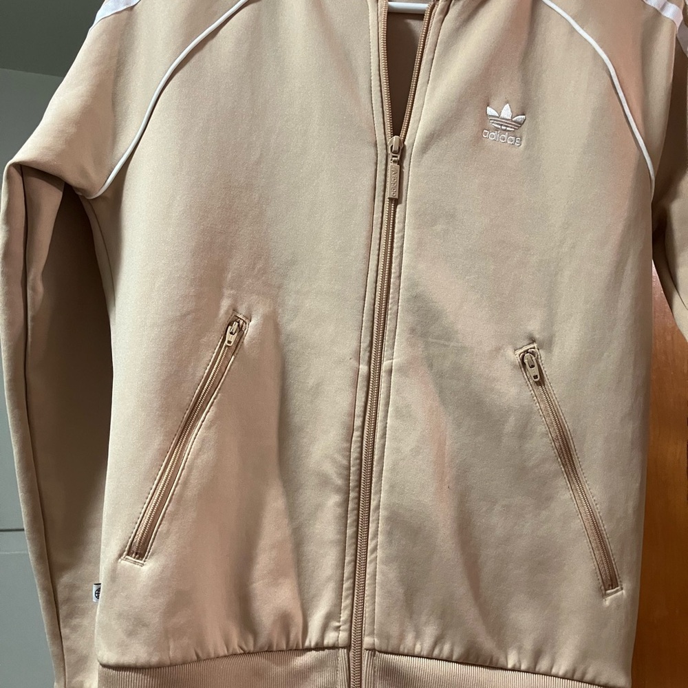 Adidas Beige Ribbed Jacket Women’s w white stripes on sleeves size XS